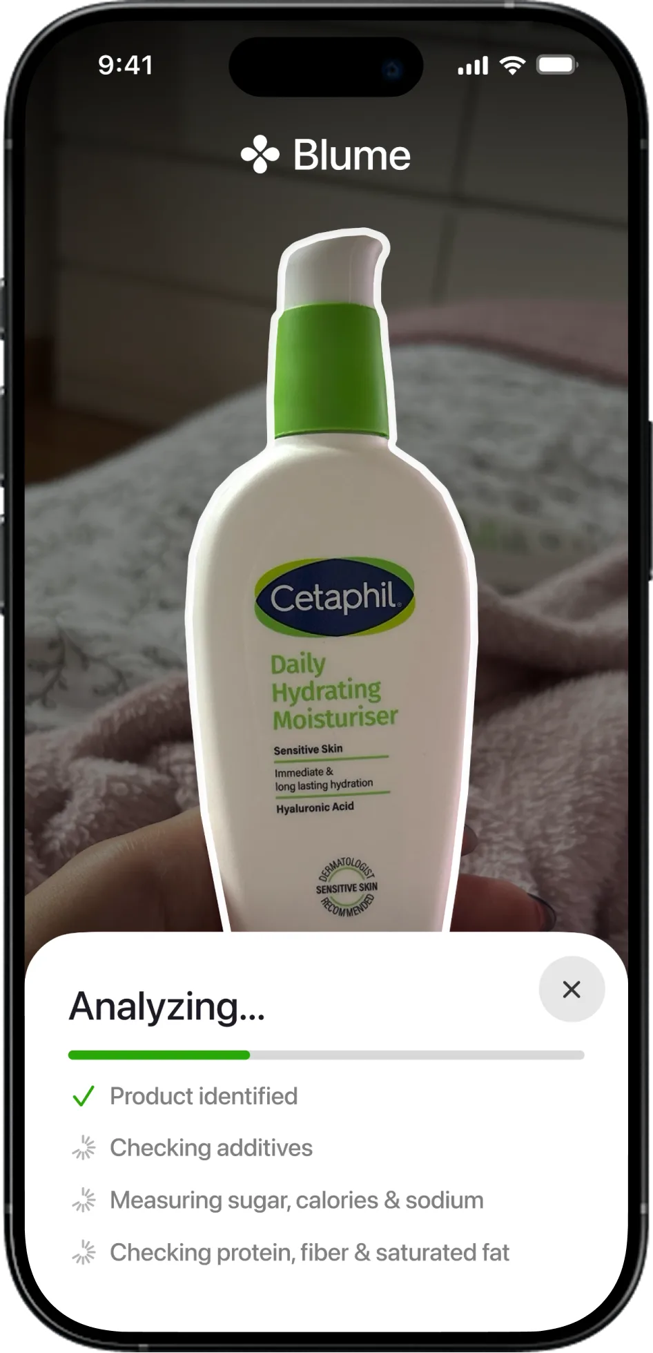 Blume analyzing ingredients with a progress checklist