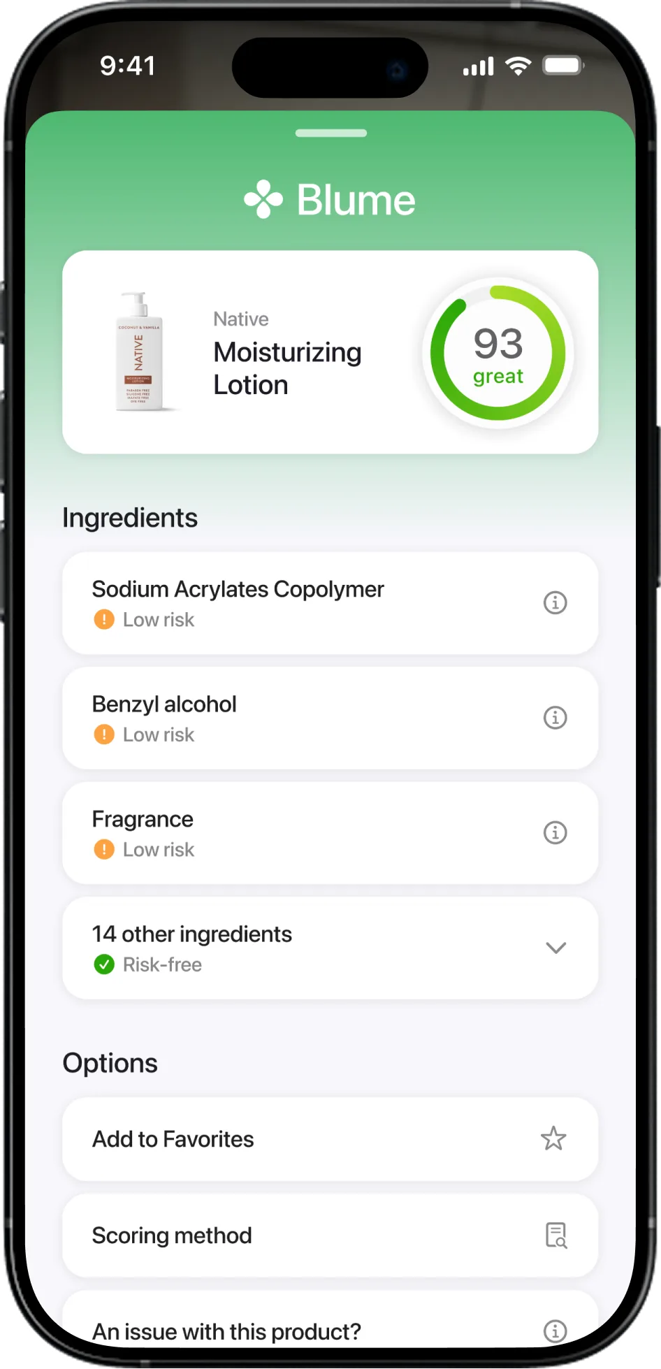 Blume health score result showing 93/100 great